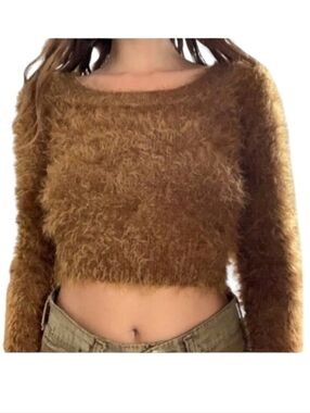 American Apparel Cali Sun & Fun Fuzzy Crop Sweater Caramel XS Stretchy Knit Top